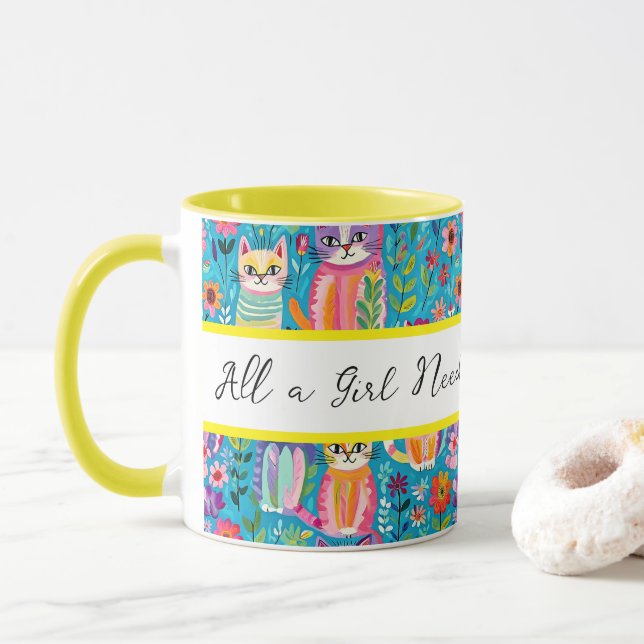 Colourful Cats and Flowers Whimsical Birthday Mug (With Donut)