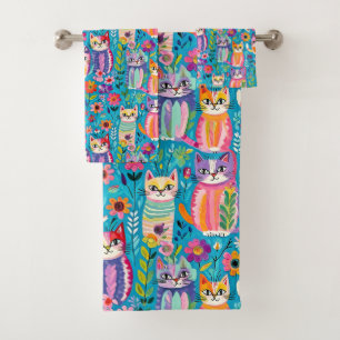 Colourful Cats and Flowers Whimsical Happy Bath Towel Set