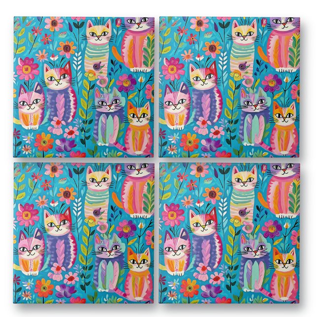 Colourful Cats and Flowers Whimsical Happy Tile (Creator Uploaded)