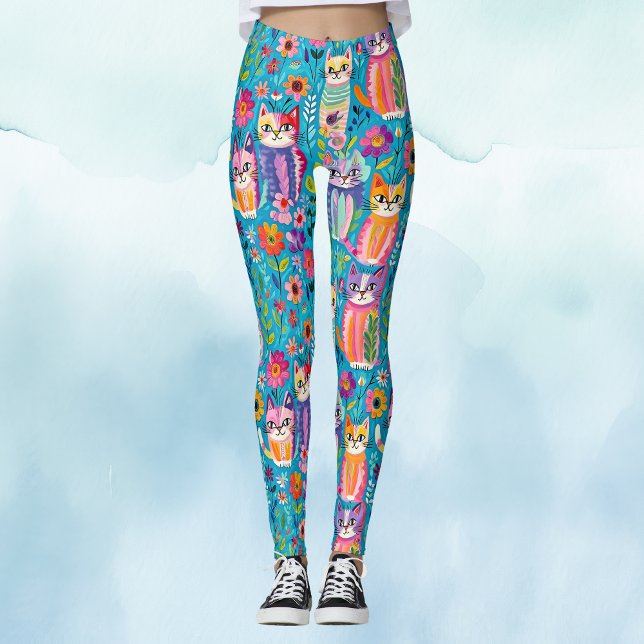 Colourful Cats and Flowers Whimsical  Leggings (Creator Uploaded)