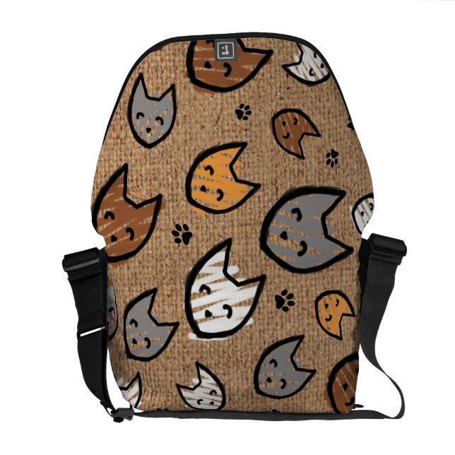 Colourful Cats and Paws Pattern on Faux Burlap Commuter Bag (Back Open)