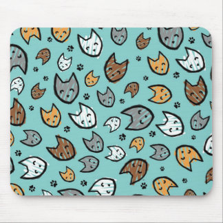 Colourful Cats and Paws Pattern on Teal Mouse Pad