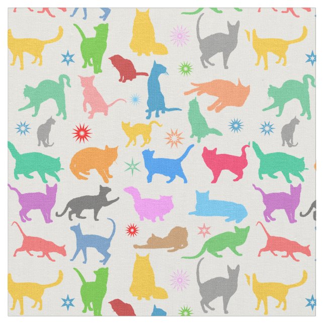 Colourful Cats And Stars Fabric (Close Up)