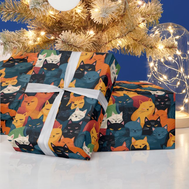 Colourful cats crowded sleeping wrapping paper (Holidays)
