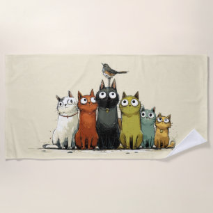 Colourful Cats Group – Cute Whimsical Cat Art Beach Towel