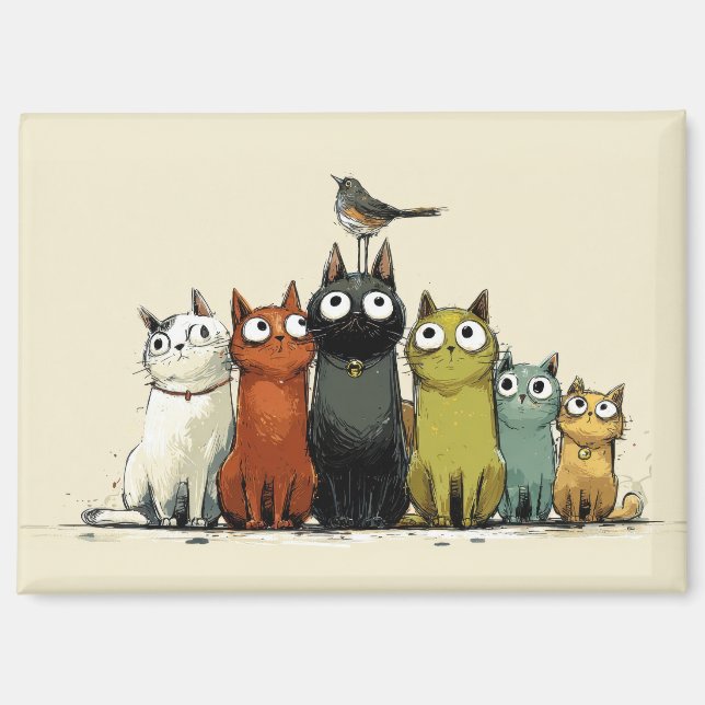 Colourful Cats Group – Cute Whimsical Cat Art Magnet (Front)