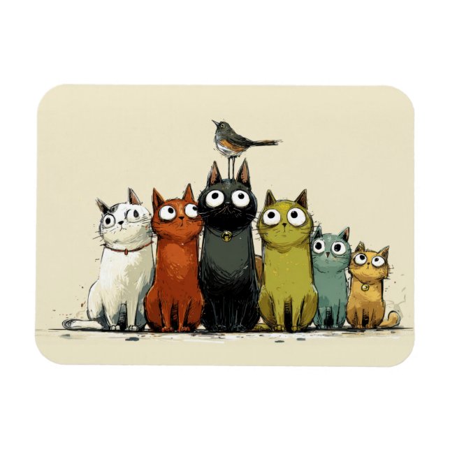 Colourful Cats Group – Cute Whimsical Cat Art Magnet (Horizontal)