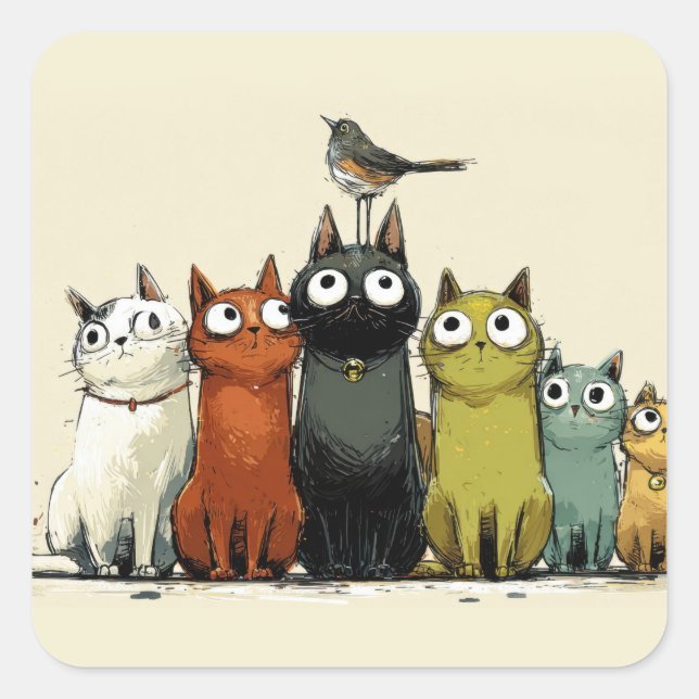 Colourful Cats Group – Cute Whimsical Cat Art Square Sticker (Front)