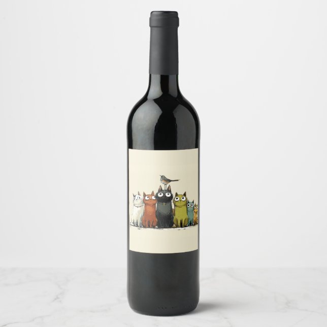 Colourful Cats Group – Cute Whimsical Cat Art Wine Label (Front)