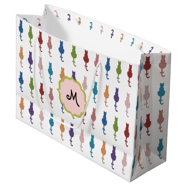 Colourful Cats Monogram Large Gift Bag (Front Angled)