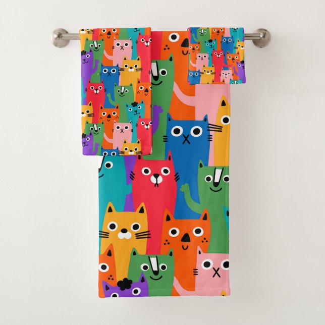 Colourful cats pattern bath towel set (Insitu)