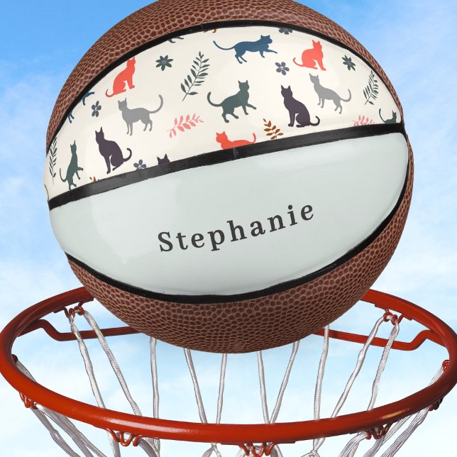 Colourful Cats Pattern Custom Name Elegant Cream Mini Basketball (A personalized mini basketball with pattern of cat silhouettes, leaves and flowers in various colors)