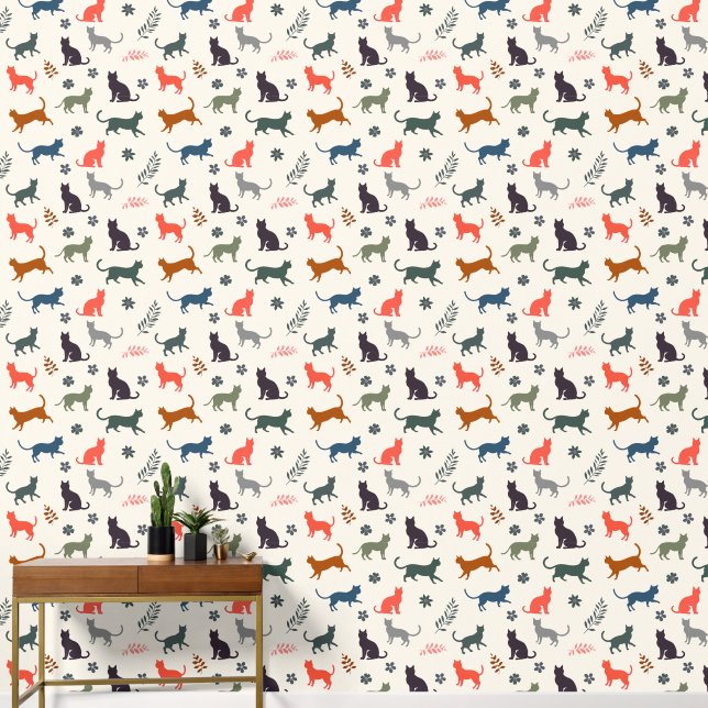 Colourful Cats Pattern Elegant Cream Trendy Chic Wallpaper (Hallway)
