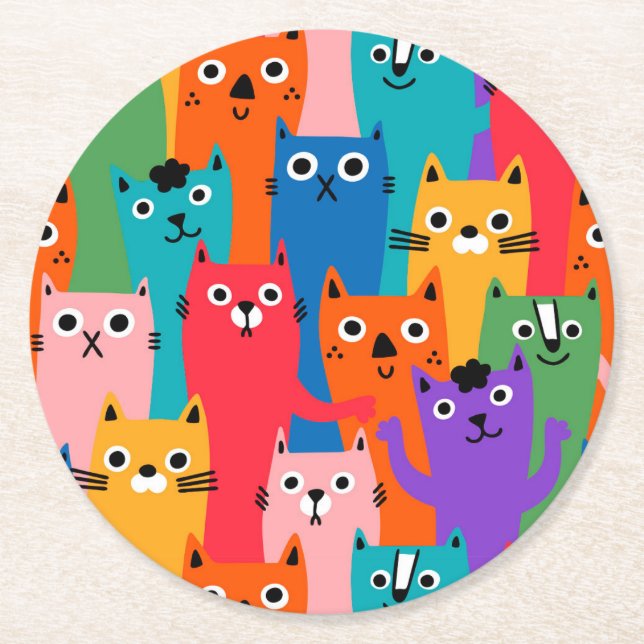 Colourful cats pattern round paper coaster (Front)