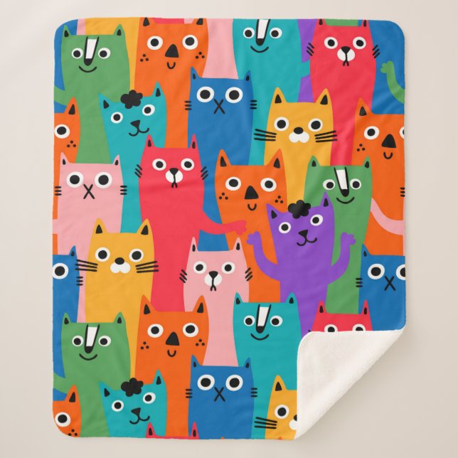 Colourful cats pattern sherpa blanket (Front)