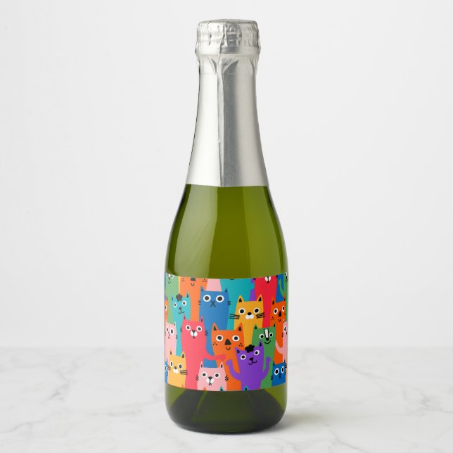 Colourful cats pattern sparkling wine label (Front)