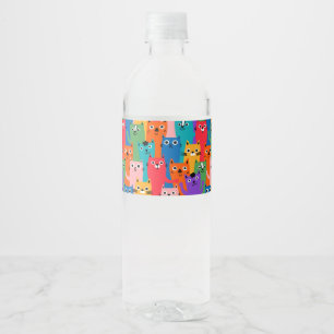 Colourful cats pattern water bottle label