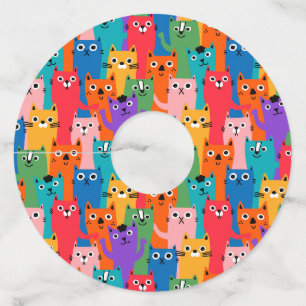 Colourful cats pattern wine glass tag