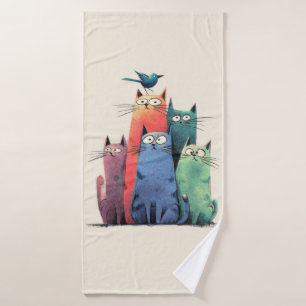 Colourful Cats Stack – Cute Whimsical Cat Art Bath Towel