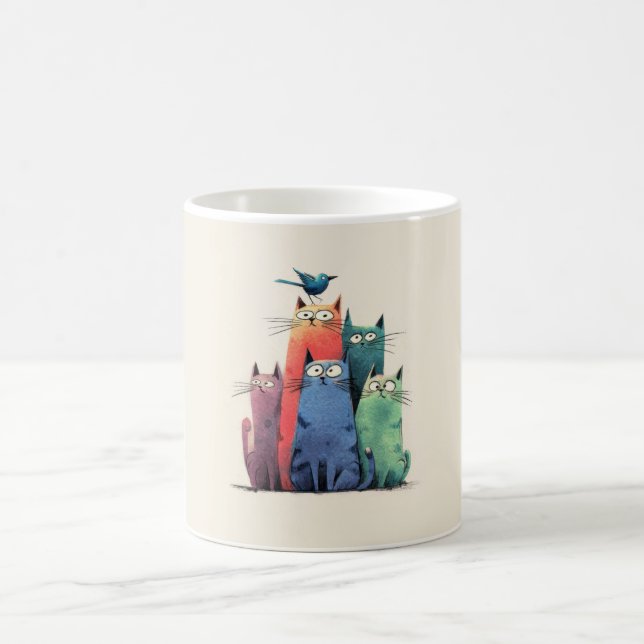 Colourful Cats Stack – Cute Whimsical Cat Art Coffee Mug (Center)