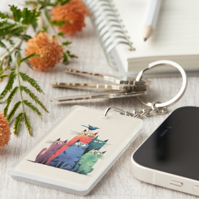 Colourful Cats Stack – Cute Whimsical Cat Art Key Ring (Front Right)