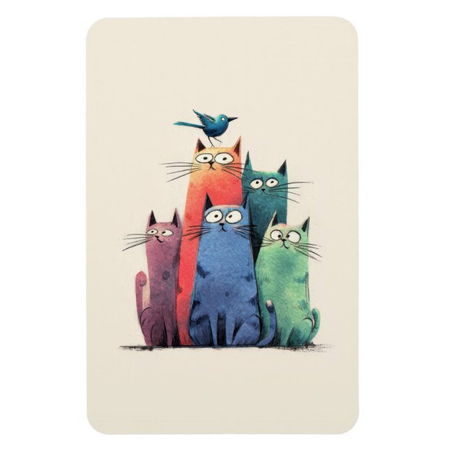 Colourful Cats Stack – Cute Whimsical Cat Art Magnet (Vertical)
