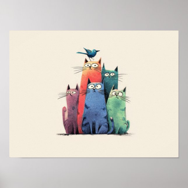 Colourful Cats Stack – Cute Whimsical Cat Art Poster (Front)