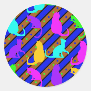 Colourful Cats stripes and polkadots Animal art Classic Round Sticker