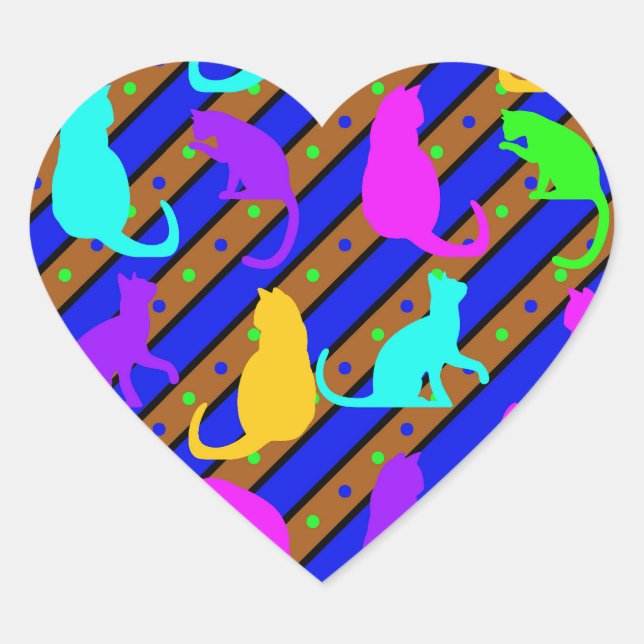 Colourful Cats stripes and polkadots Animal art Heart Sticker (Front)