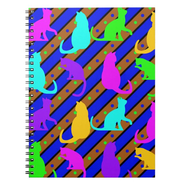 Colourful Cats stripes and polkadots Animal art Notebook (Front)