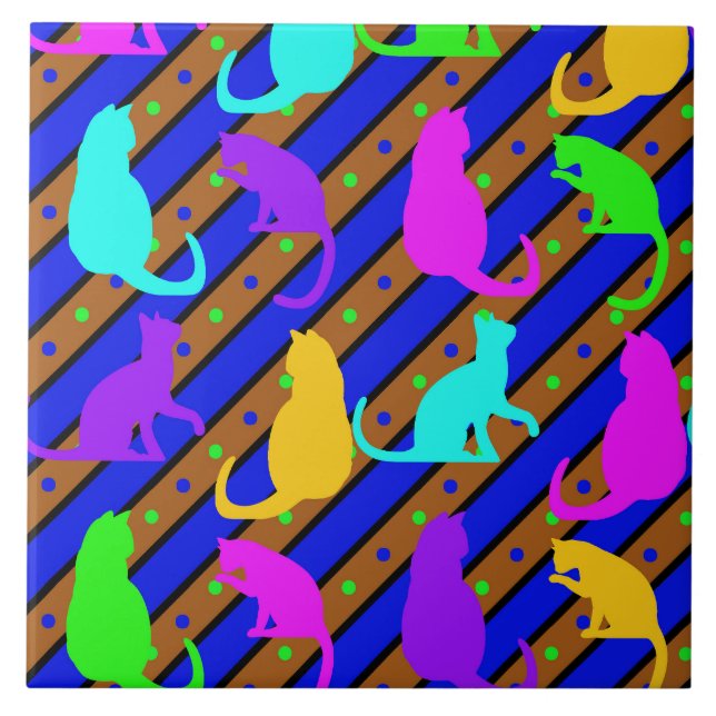 Colourful Cats stripes and polkadots Animal art Tile (Front)