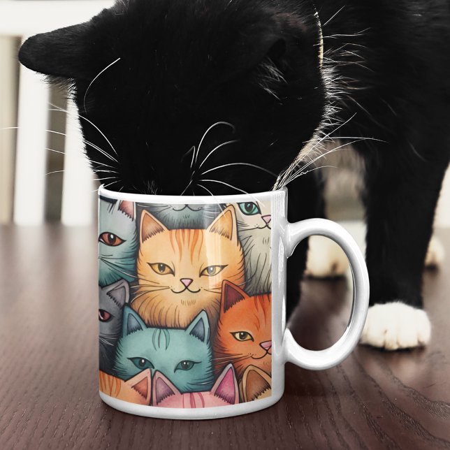 Colourful Cats Whimsical Doodle  Coffee Mug (Having a drink with friends.)