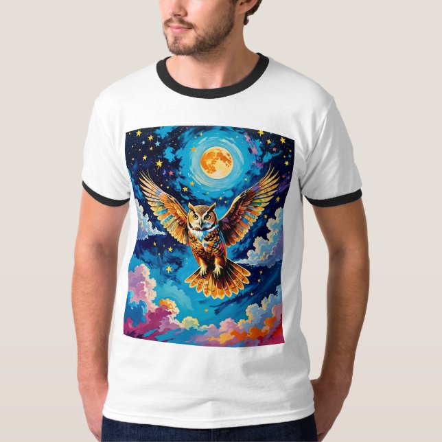 Colourful Celestial Owl Flight T Shirt (Front)