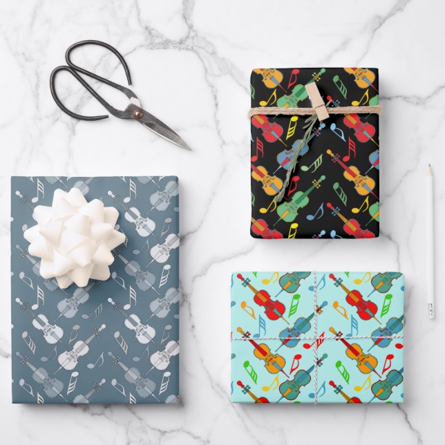 Colourful Cello Music Notes Wrapping Paper Sheets (Front)