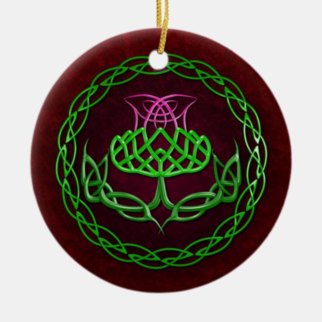Colourful Celtic Knot Thistle Ceramic Tree Decoration (Front)