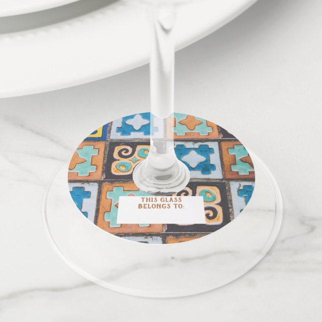 Colourful Ceramic Tiles Pattern Design Wine Glass Tag (Close Up)