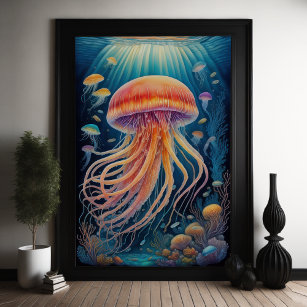 Colourful Chalk Drawing Jellyfish Poster
