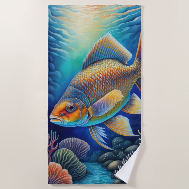 Colourful Chalk Drawing of Fish Beach Towel (Front)