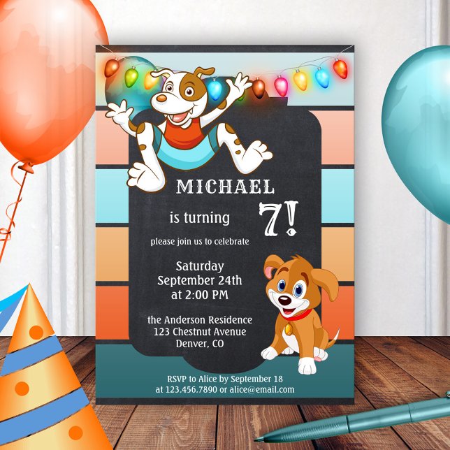 Colourful Chalkboard Cute Dogs Kids Birthday Invitation (Creator Uploaded)
