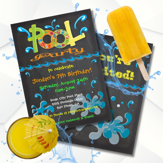 Colourful Chalkboard Pool Party Invitations (Creator Uploaded)