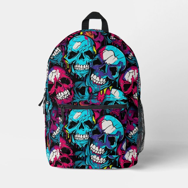 Colourful Chaotic Skull  Printed Backpack (Front)