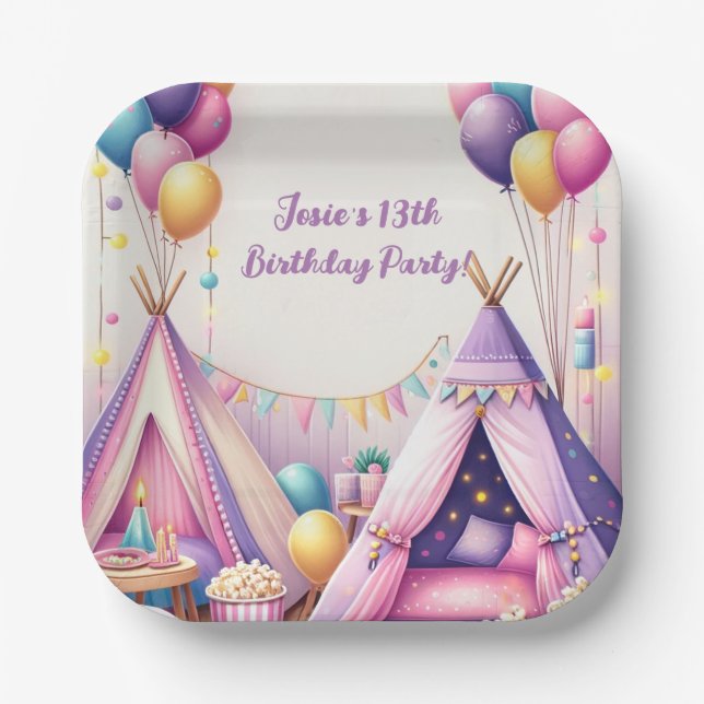 Colourful Charming Teepee Birthday Sleepover Party Paper Plate (Front)