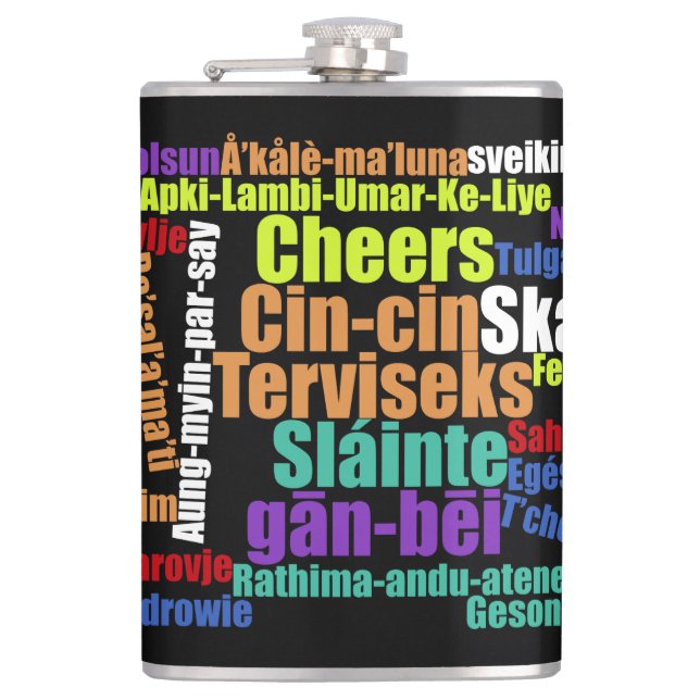 Colourful Cheers Toast in Many Languages Word Clou Hip Flask (Front)