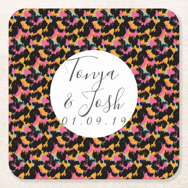 Colourful Cheetah Print Pattern Modern Wedding Square Paper Coaster (Front)