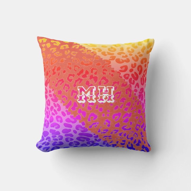 Colourful Cheetah Print Rainbow Initials Monogram  Cushion (Front)
