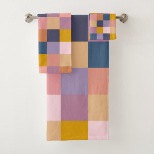 Colourful Chequerboard Geometric Earthy Purple Bath Towel Set