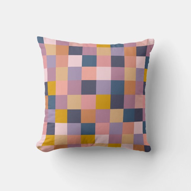 Colourful Chequerboard Geometric Earthy Purple Cushion (Front)