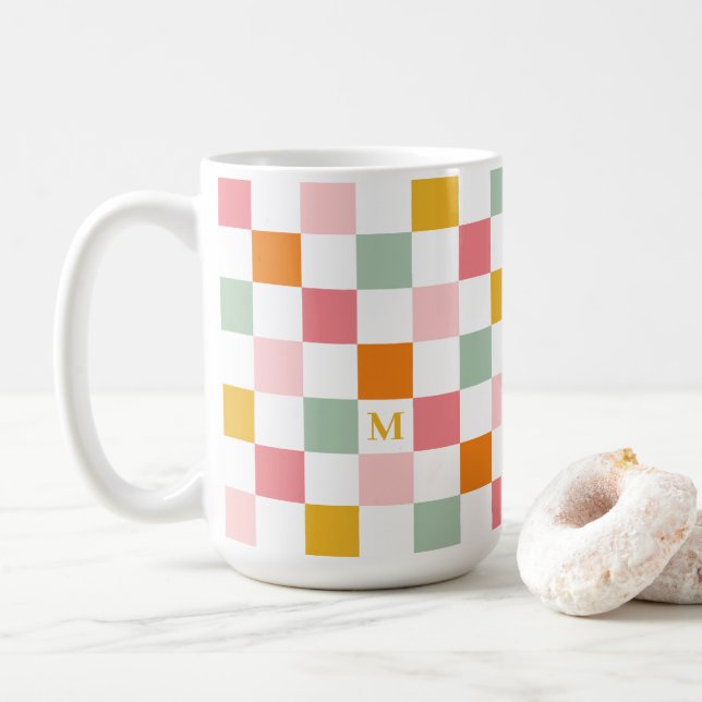 Colourful Chequerboard Monogram Coffee Mug (With Donut)