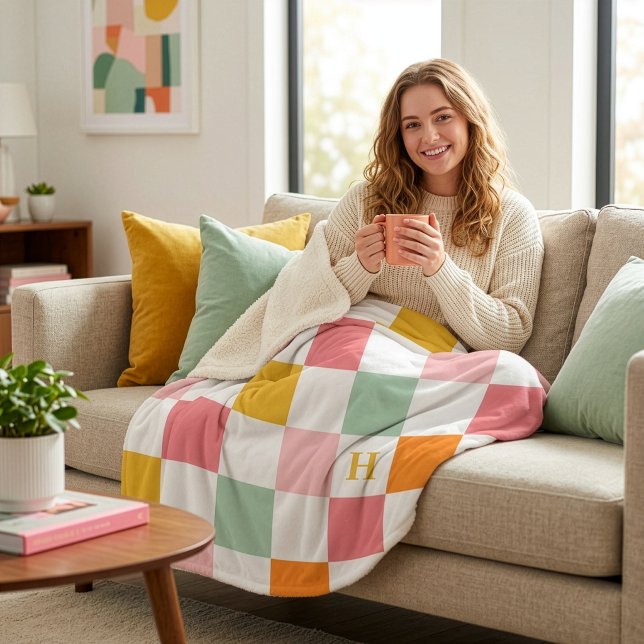 Colourful Chequerboard Monogram Sherpa Blanket (Creator Uploaded)