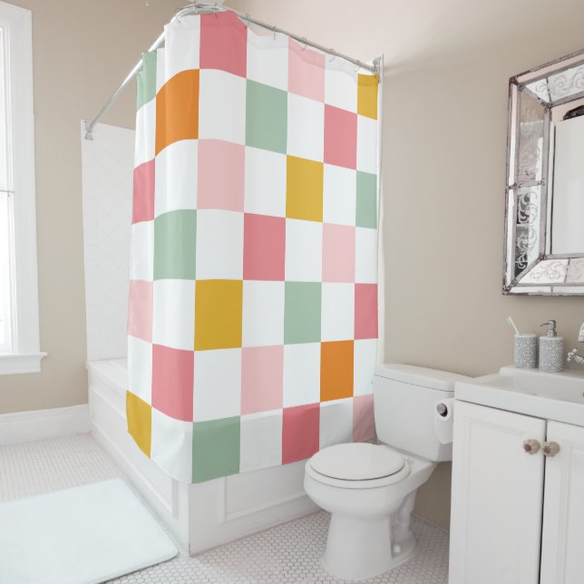 Colourful Chequerboard Shower Curtain (In Situ)